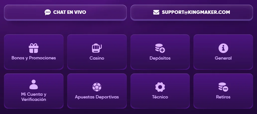 Kingmaker Casino centro de ayuda con chat en vivo, correo y categorías de soporte